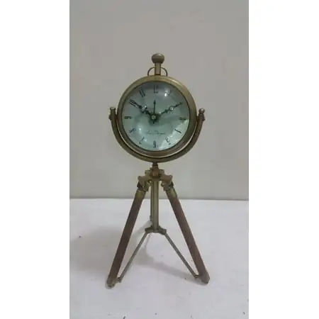 NAUTICAL MARITIME ~ ANTIQUE BRASS CLOCK WITH TRIPOD FINISH DESKTOP ~ TABLE CLOCK DECOR