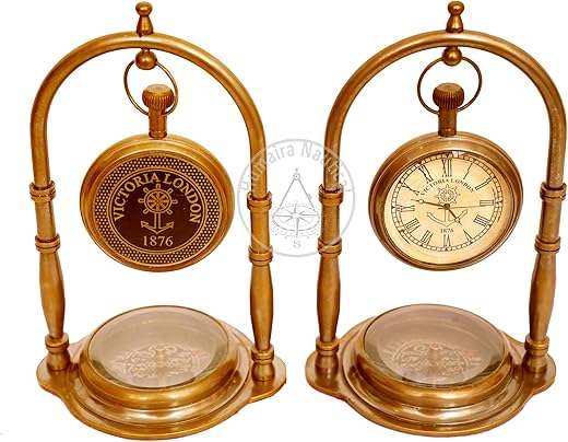 Nautical Tabletop Compass Maritime Brass Hanging Desk Clock by Victoria London - Maritime Compass Base Nautical Table Clock