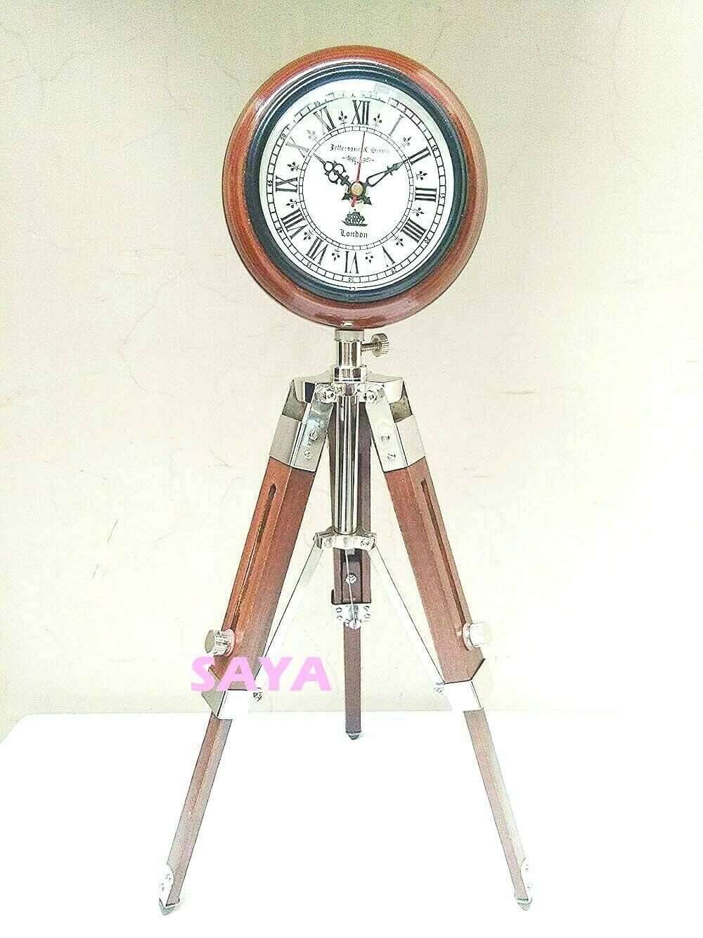 Nautical Tripod Stand Clock Steel Finish Table Clock Vintage Style Wooden Stand