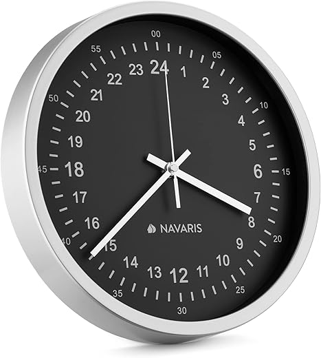 Navaris 24 Hour Wall Clock - 11.8" Analog Military Time Clock with Silent Movement Non-Ticking Hands - Battery Operated - Silver Frame with Black Face