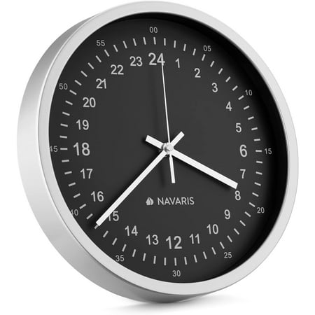 Navaris 24 Hour Wall Clock - 11.8 Analog Military Time Clock with Silent Movement Non-Ticking Hands - Battery Operated - Silver Frame with Black Face