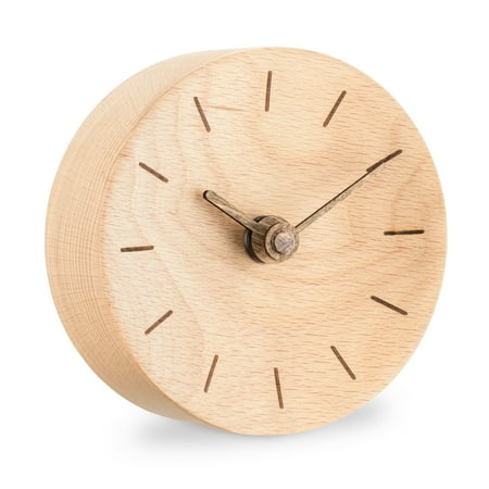 Navaris Small Modern Desk Clock - 4-3/8 Diameter Real Wood Analog Clock for Shelf, Table, Desktop - Silent Tick Battery Operated Clock - Light Brown