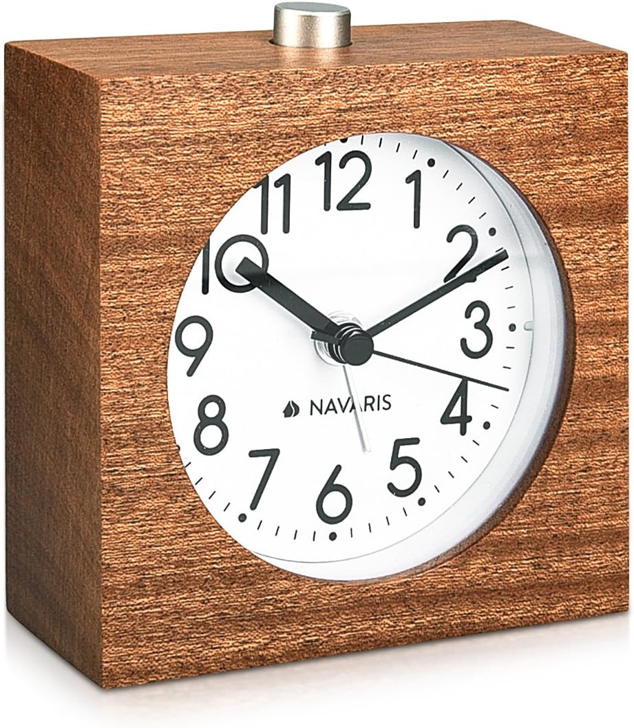 Navaris Wood Analog Alarm Clock - Square Battery-Operated Non-Ticking Clock with Snooze Button and Light - Dark Brown