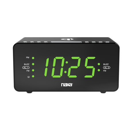 Naxa Electronics NRC-191 Dual Alarm Clock with QI Wireless Charging Function for Smartphones/iPod/iPhone/Tablets, LED Display, Black