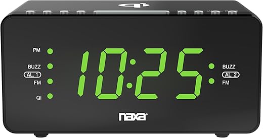 Naxa Electronics NRC-191 Dual Alarm Clock with QI Wireless Charging Function for Smartphones/iPod/iPhone/Tablets, LED Display, Black