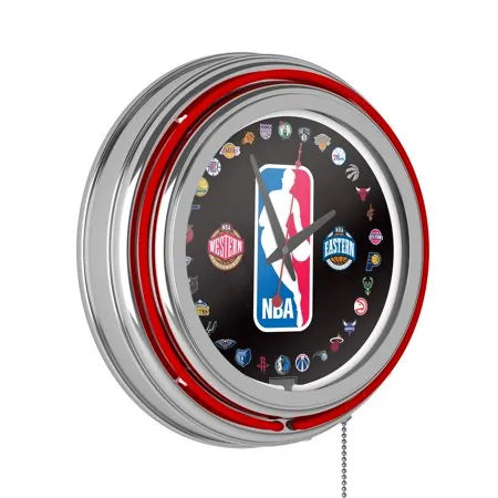 NBA NBA Logo with All Teams Retro Neon Analog Wall Clock with Pull Chain