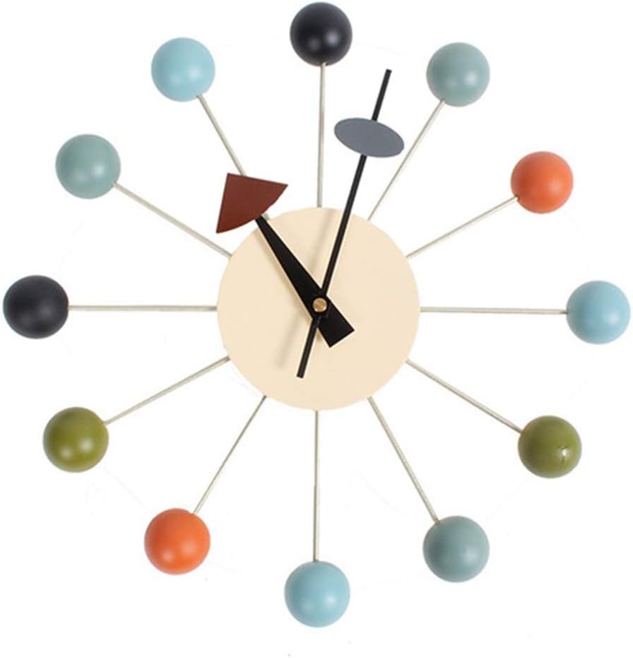 Nelson Clock Wooden and Metal Analog Movement Ball Wall Clock, George Nelson Clock, Non Ticking, 13 X 13in, for Living Room and Bedroom