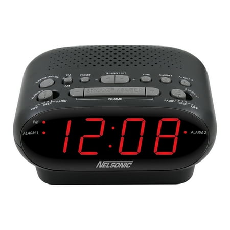 NELSONIC Digital AM/FM Alarm Clock Radio, Black with Red LED Display