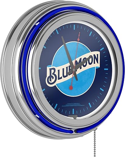 Neon Clock - Retro Blue Moon Analog Wall Clock with Pull Chain - for Kitchen, Garage, Game Room, or Home Bar by Trademark Gameroom