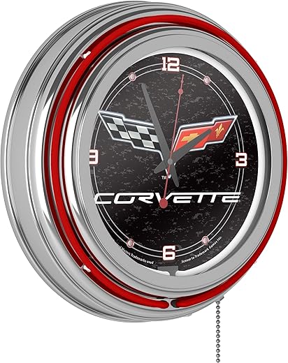 Neon Clock - Retro Corvette C6 Black Analog Wall Clock with Pull Chain - for Kitchen, Garage, Game Room, or Home Bar by Trademark Gameroom