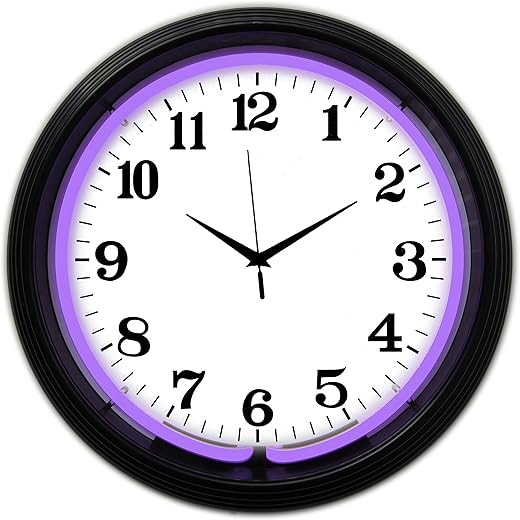 Neonetics Bar and Game Room Neon Alphanumeric Wall Clock with Purple Neon and Black Rim, 15-Inch