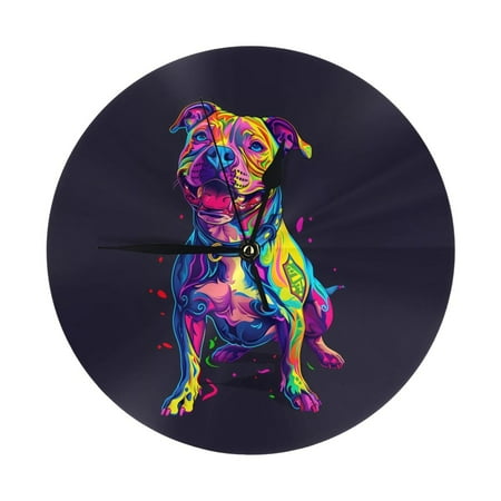 Neon Pop Art Pitbull Wall Clock Silent Non Ticking - 10 Inch Battery Operated Modern Clocks for Living Room Bedroom Kitchen Bathroom Office Classroom, Decorative Clocks