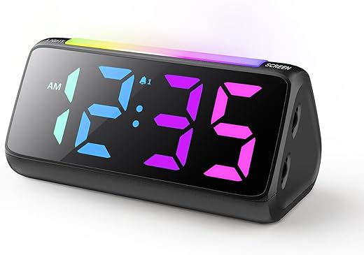 Netzu Digital Alarm Clocks for Bedrooms, Bedside Clocks with RGB Night Light, Rainbow Time, Large Display, Dual Alarm, Snooze, LED Desk Dimmable Alarm Clock for Kids Teens (Black)