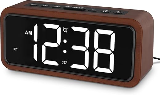 Netzu Wooden Alarm Clock for Bedroom, Loud Digital Clock with 5 Brightness, 5 Volumes, 12 Ringtones, Manual DST, Snooze Plug-in Desk Clocks for Bedside Living Room Office Wood Decor