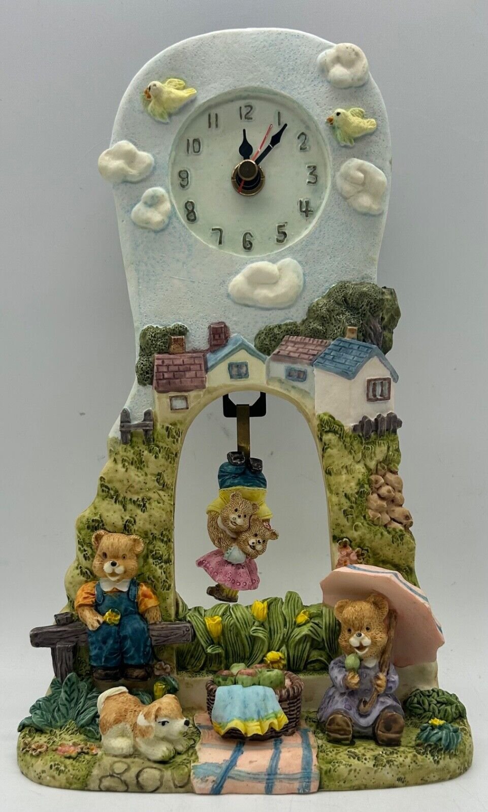 New 10”x6”x3” Bear Family Clock w/ Village Scene Desk/Table/Shelf/Wall Clock