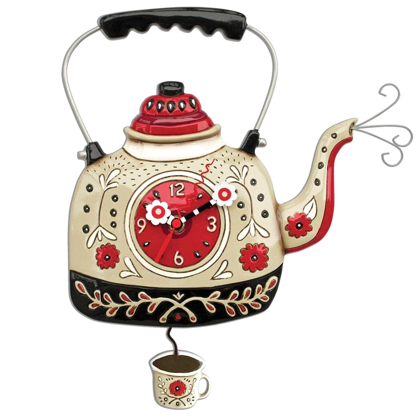 ✿ New ALLEN DESIGNS Swing Pendulum Wall Clock TEA KETTLE Coffee Cup Flower Steam