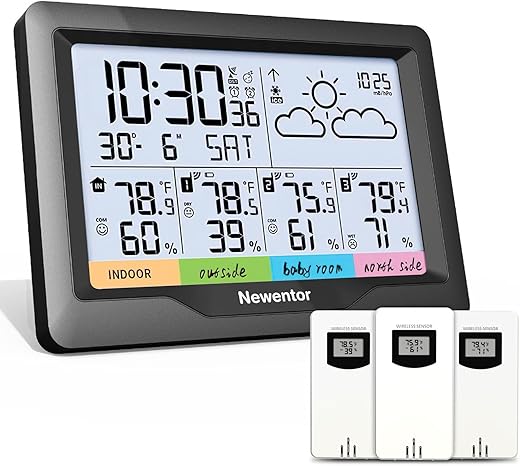 Newentor Weather Station Wireless Indoor Outdoor Multiple Sensors, Digital Atomic Clock Weather Thermometer, Temperature and Humidity Monitor, Forecast Weather Station with Backlight, Black