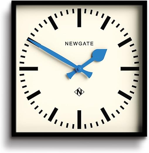 NEWGATE® Number Five Railway Wall Clock - Square Clock - Kitchen Clock - Office Clock - Retro Clock - Designer Clock - Station Clock - Marker Dial (Blue Hands)