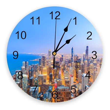 New York City Night Round Wall Clock for Home r Living Room No Ticking Sound Modern Creative Wall Clocks