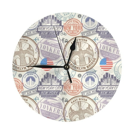 newyork Postmark Pattern Wall Clock Silent Non Ticking - 10 Inch Battery Operated Modern Clocks for Living Room Bedroom Kitchen Bathroom Office Classroom, Decorative Clocks