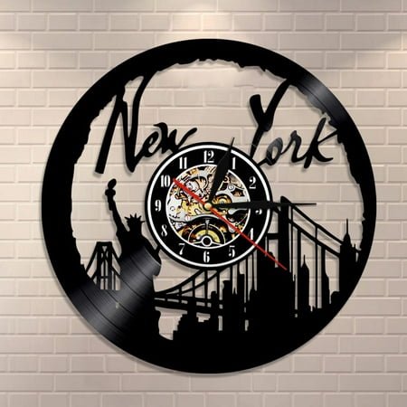New York Wall Clock NY Brooklyn Bridge Wall Art Vintage Vinyl Record Wall Clock USA Cityscape Travel Gift Decorative Vinyl Clock