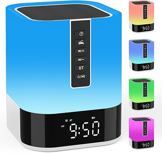 Night Light Bluetooth Speaker Alarm Clock, Upgraded Touch Bedside Lamp for Bedroom, Dimmable Warm Light, 48 RGB Color Changing, Sound Machine with White Noise, Best Gifts for Teenage Boys Girls