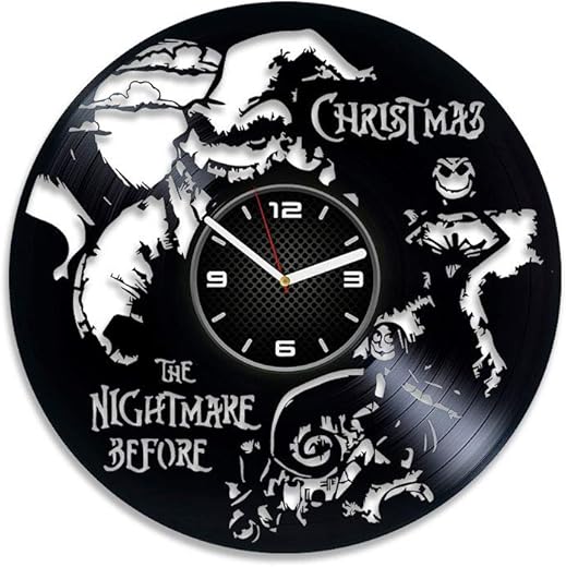 Nightmare Before Christmas Xmas Wall Clock, Vinyl Record Clock, Silent Movement, 12 Inch Diameter, Black