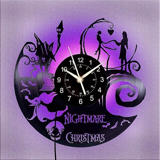 Nightmare Christmas Vinyl Record Wall Clock Jack and Sally 12 inch Quartz Clock Handmade Halloween Christmas Decorations Father's Day Present