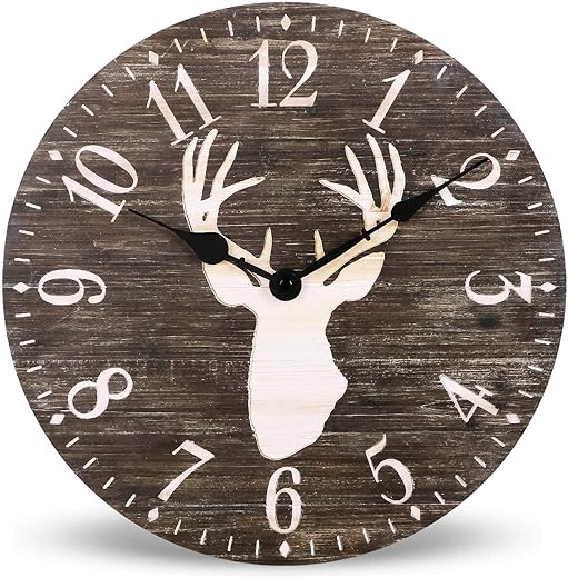 NIKKY HOME 12 Farmhouse Wood Antler Wall Clock Battery Operated Silent Non Ticking Rustic Outdoor Wooden Clock Cabin Deer Decor Home Decorative for Kitchen, Living Room, Bedroom, Office