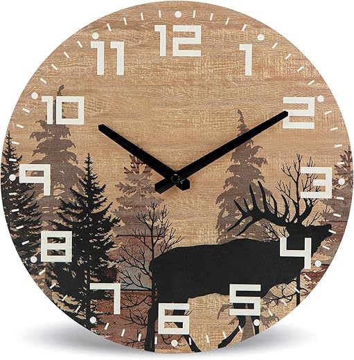 NIKKY HOME Cabin Wood Deer Elk Wall Clock Silent Non Ticking - 12 Inch Battery Operated Rustic Farmhouse Forest Wildlife Mountain Lodge Decor Art