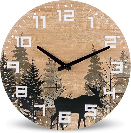 NIKKY HOME Cabin Wood Moose Wall Clock Silent Non Ticking - 12 Inch Battery Operated Rustic Farmhouse Forest Wildlife Mountain Lodge Decor Art