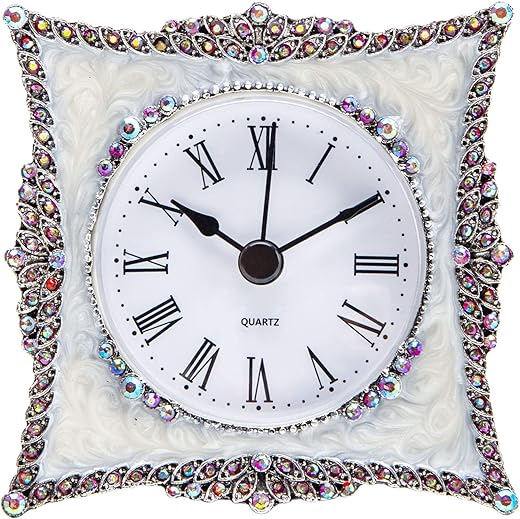 NIKKY HOME Crystal Elegant Small Quartz Analog Table Clock with Rosy Rhinestone 3.5 by 1.5 by 3.5 Inches, White and Pink