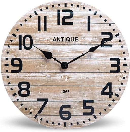 NIKKY HOME Farmhouse Wooden Wall Clock - 12 Inch Battery Operated Silent Non Ticking Vintage Rustic Distressed Wood Clock Home Decor for Kitchen, Living Room, Bedroom, Office (Brown)