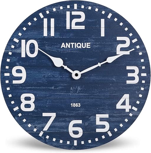 NIKKY HOME Navy Blue Rustic Wooden Wall Clock - 12 Inch Battery Operated Silent Non Ticking Farmhouse Wood Clock Home Decor for Kitchen, Living Room, Bedroom, Office