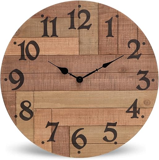 NIKKY HOME Rustic Farmhouse Solid Wood Wall Clock - 16 Inch Battery Operated Silent Non Ticking Distressed Wooden Shiplap Clock for Kitchen, Living Room, Bedroom, Office