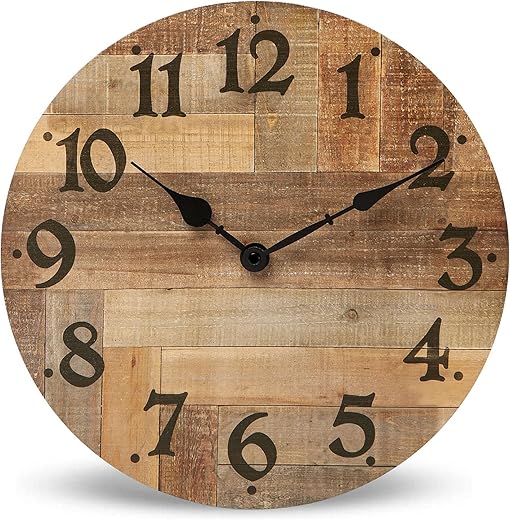 NIKKY HOME Rustic Farmhouse Wall Clock - 12 Inch Battery Operated Silent Non Ticking Vintage Wooden MDF Clock Home Decor for Kitchen, Living Room, Bedroom, Office