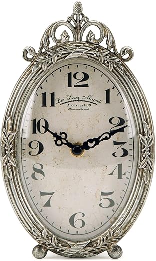 NIKKY HOME Vintage Table Clock, Silent Non-Ticking Battery Operated Desk Shelf Mantel Small Metal Clock for Living Room Decor - Retro Silver