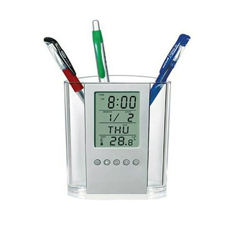 Noarlalf Pencil Barrel Pen Calendar Desk Holder Multi-Functions Lcd Display Alarm Clock Office Stationery Tools 19*14*4