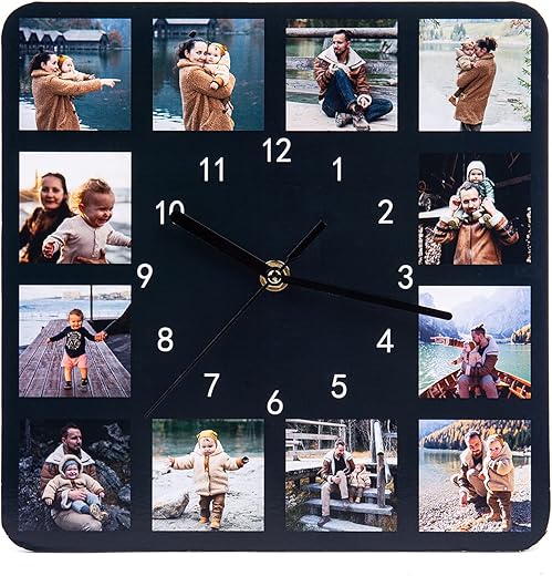 Nobelook Personalized Clock Family Frames Wall Decor Custom Multi-Photo DIY Engraved Name & Date Wooden Digital Unusual Clocks for Living Room Decor 9.80-9.84 Inch (12 Photos Square)