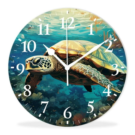 Non-Ticking Silent Wall Clocks Battery Operated Personalized Decor Clock with Photo for Bathroom-Green Sea Turtle Swim in the Sea(16inch)