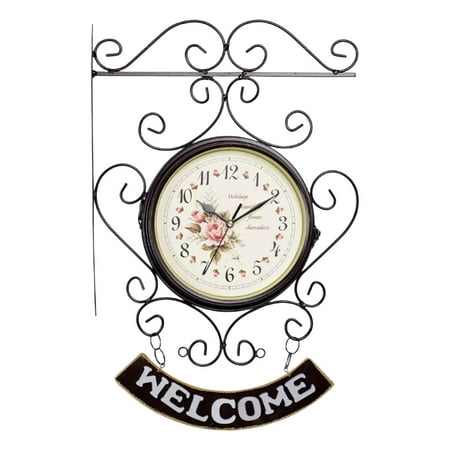 Nordic Double Sided Wall Clock Train Station Style Iron Double Faced Decorative Round for Hallway Living Room Kitchen Bedroom Decoration Coffee