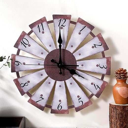 Nosiny 12 Inch Windmill Distressed Wooden Wall Clock Retro Rustic Decorative Clock Silent Non Ticking Battery Operated Clock Farmhouse Country Wall Decor for Kitchen Living Room Home Bedroom Office