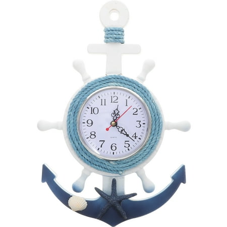 NUOLUX Wall Clock Nautical Anchor Clock Decor Wheel Ship Hanging Beach Steering Alarm Mediterranean Coastal Boat Clocks Retro