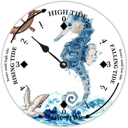 Ocean Hippocampus Farmhouse Wood Tidal Clock East Coast Ocean Time Nautical Moon Wooden Clock High And Low Tide Clock Decoration For Beach House Home Sailing Gifts 10 Inch