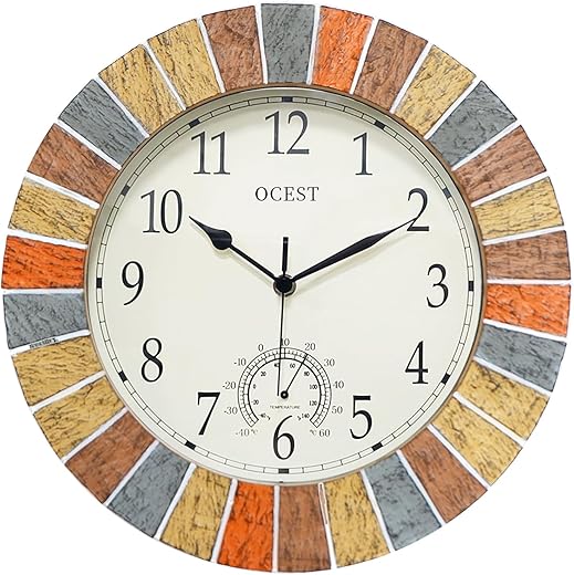 OCEST 13 Inch Large Outdoor Indoor Clock, Waterproof Wall Clock with Thermometer, Weather-Resistant Non-Ticking Battery Operated Decor Clock for Patio, Pool, Lanai, Fence, Porch, Garden (Yellow)