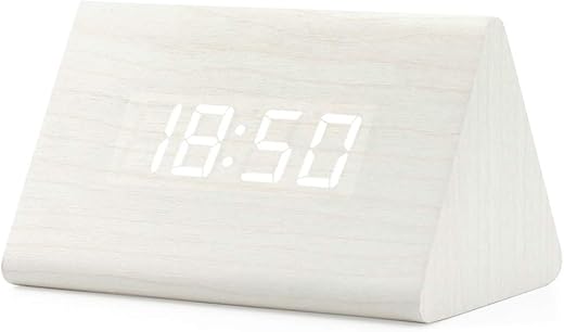 OCT17 Wooden Wood Clock, New Version LED Alarm Digital Desk Clock Adjustable Brightness, Alarm Time, Displays Time Date Temperature - White