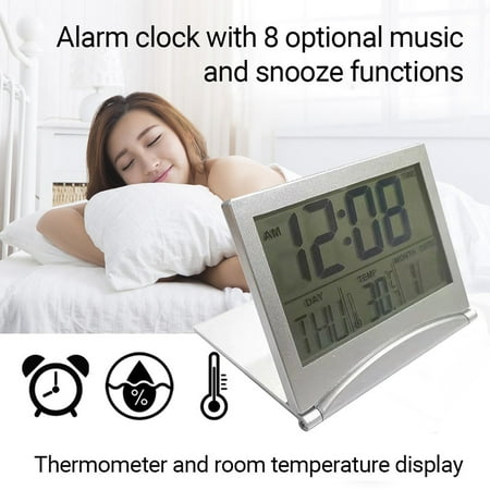 Oggfader Alarm Clock for Heavy Sleepers Adults,Digital LCD Folding Date Desktop Temperature Travel Alarm Clock,Silver