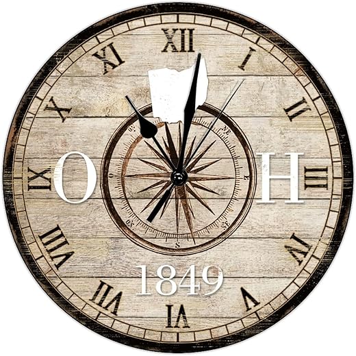 Ohio Home State Clock United States Wall Clock Vintage Explorer Large Wall Clocks Battery Operated 10 Inch Silent Rustic Compass Map Wall Decor for Home Kitchen Office School Bathroom Lodge