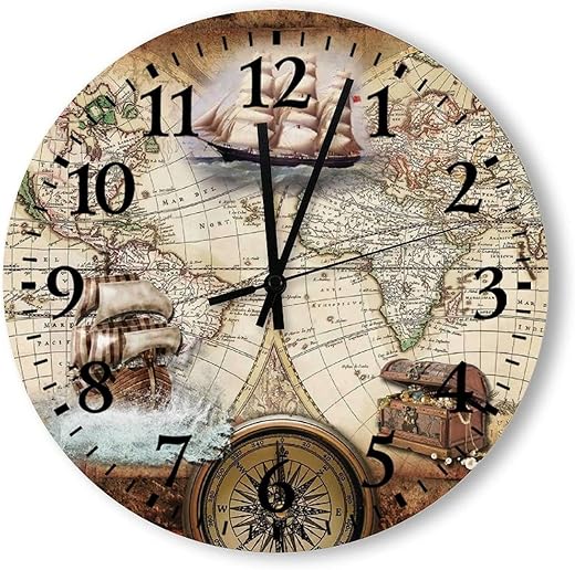 Old Maps of The World Wooden Wall Clock Round Rustic Compass Nautical Farmhouse Wall Clocks Non-Ticking Battery Operated for Living Room Kitchen Bathroom Bedroom Decor 12inchx12inch Multiple