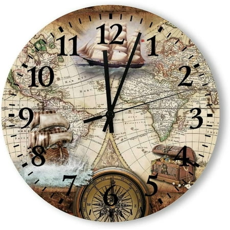 Old Maps Of The World Wooden Wall Clock Round Rustic Compass Nautical Farmhouse Wall Clocks Non-Ticking Battery Operated For Living Room Kitchen Bathroom Bedroom Decor 12Inchx12Inch Multiple